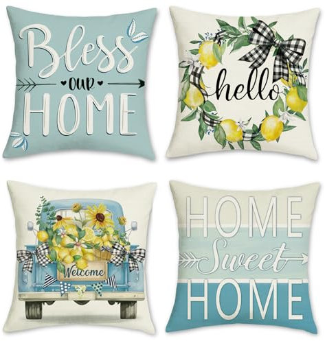 Bonhause 4er Set Kissenbezüge Zitrone 45 x 45 cm LKW Home Sweet Home Dekorative Kissenhülle Zierkissenbezüge für Sofa Schlafzimmer Zuhause Garten Outdoor Dekoration