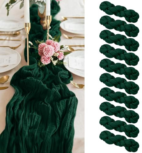 Pesonlook 10er-Pack dunkelgrüner Käsetuch-Tischläufer, 3 m Gaze-Tischläufer, Käsetuchstoff, halbdurchsichtiger Tischläufer für Hochzeit, rustikale Boho-Party, Brautparty