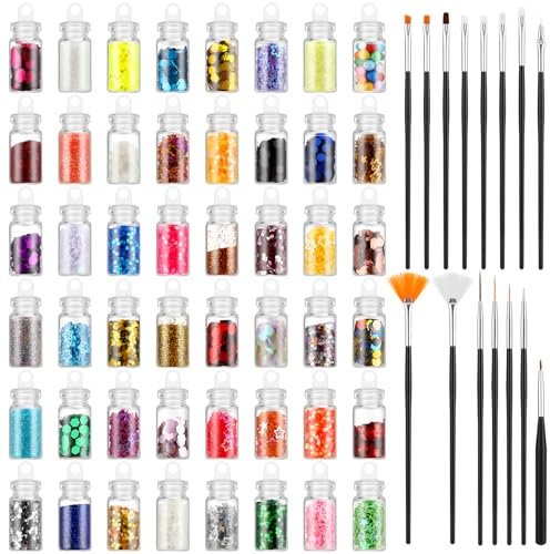 taonganui 48 Farben Glitzerpulver Set, Chunky Glitter mit 15 Pinsel, Pulver Glitzerpuder Zum Basteln für DIY Nageldesign Pailletten, Make-up, Karten, Nail Art Glitter, Nägel Gesicht Körper