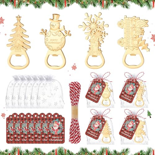 24Pcs Christmas Beer Bottle Opener 4 in 1 Snowman Train Tree Snowflake Shape Bottle Opener with Organza Bags and Thank You Tags for Christmas Festive Holiday Winter Theme Party Decorations Gift Favors