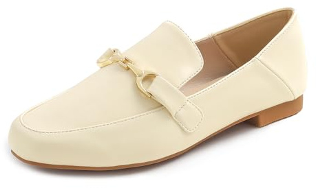 Feversole Mocassins Tendance et Confortables pour Femme, Boucle d'or en Cuir végétal Beige, 37 EU
