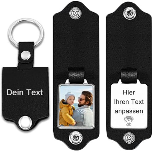 JONZIN Personalisiert Schlüsselanhänger mit Foto - Leder-Edelstahl-Schlüsselanhänger mit Gravur Text, Personalisierte Geschenke für Männer Familie Paar (schwarz)