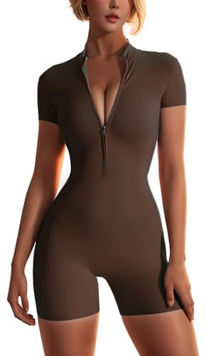 WINHUNT Damen-Yoga-Jumpsuits, Workout, gerippt, kurze Ärmel, Reißverschluss vorne, Sport-Jumpsuits