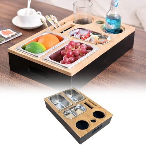 Stylish Wooden Couch Tray, Wooden Desktop Snack Organizer Storage, Couch Bar Snack Box Wine Glass Holder, Couch Butler with Stainless Steel Snack Trays,Tv Tray Table,Couch Cup Holder (A)