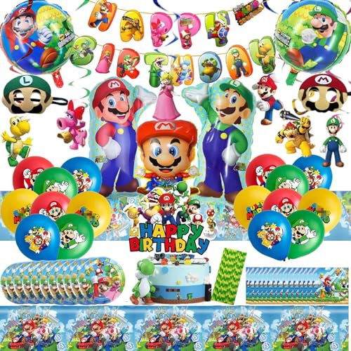 Ensemble de fête d'anniversaire pour enfants, 87 pièces comprenant bannière, Décoration de gâteau, Nappe, Assiettes papier, Ballon, Serviettes papier, Tourbillons Suspendus, Masques pour les yeux