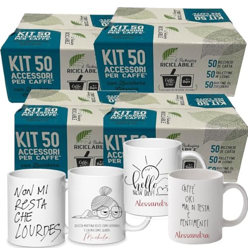 Generico Kit Accessori Caffè 200 Bicchieri in carta + 200 Palette in legno + 200 bustine di Zucchero + 2 tazzine caffè 80 cc personalizzabili per una pausa caffè completa e rispettosa dell’ambiente