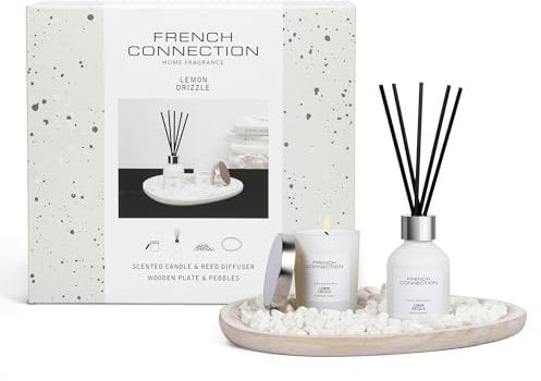 French Connection Home Fragrance Gift Set | Scented Candle & Reed Diffuser with Wooden Plate & Pebbles | Luxury Aromatherapy Set | (Lemon Drizzle)