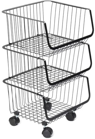 Warmiehomy 3 Tier Vegetable and Fruit Storage Basket Rack, Stackable Metal Vegetable Storage Baskets on Wheel for Kitchen, Veg Rack, Black, 41.5×33×60cm