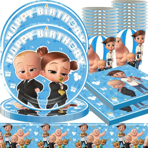Vaisselle de fête d'anniversaire pour bébé, 61PCS Décoration Anniversaire Set Vaisselle, Nappe, Assiette, Tasse, Serviette Papier, Décorations de Fête d'anniversaire pour Enfants