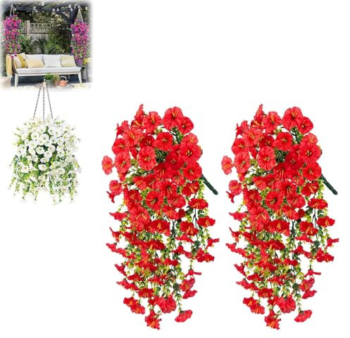 2pcs 75cm Artificial Hanging Flowers UV Resistant Fake Flowers Artificial Plants Outdoor Flower Bouquet Vine Plants Drooping Plants for Home Wall Garden Wedding Indoor Outdoor Decor (red)