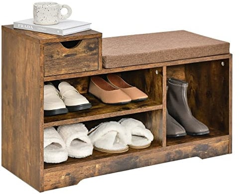 COSTWAY Shoe Storage Bench, Industrial Shoe Rack Stand with Seat Cushion, Drawer and 3 Open Compartments, Wooden Hallway Bench Cabinet Bed End Stool Organizer Unit for Entryway Bedroom, Rustic Brown