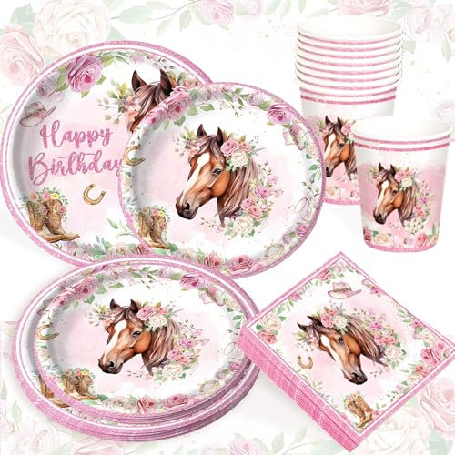 BACH AND BOOZY 80PCS Pferde Geburtstag Partygeschir Pferde Geburtstagsdeko weltraum kindergeburtsta Deko Set Pferd Servietten Pappgeschirr Partyzubehörsets