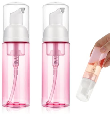 JIYIN 2 Pack Foam Pump Bottle Travel 60 ml/2 oz, Small Foaming Soap Dispenser Clear Plastic Mini Empty Refillable Pump Containers for Face Wash Lash Shampoo Skin Care(Pink)