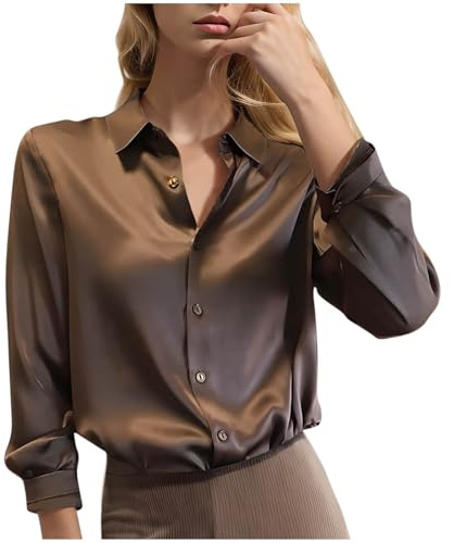 Women's Long Sleeve Shirts Satin Silk Like Lightweight Collared Neck Tops Business Casual Slim-Fit Button-Down Shirt Ladies Longline Blouses Office Work Everyday Daily Wear Coffee