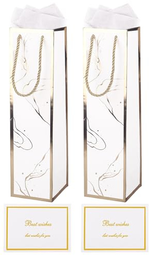 Wine Gift Bag Set with Tissue Paper & Card, 2Pcs 34.7× 9.5× 9.5 cm White Wine Bottle Bags