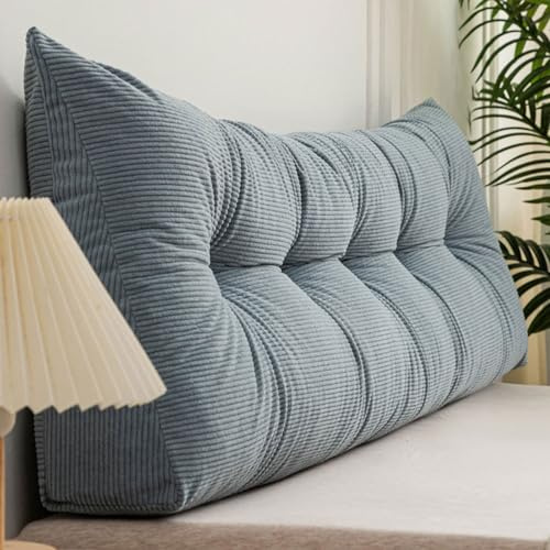 Bettrückenkissen, dreieckiges Keilkopfteilkissen, hochwertiger Cord Twin Queen King Double Single Rückenlehne Kissen Bettkissen Lesekissen, Lordosenstütze, abnehmbarer Bezug(Size:120x40x12cm,Color:Blu