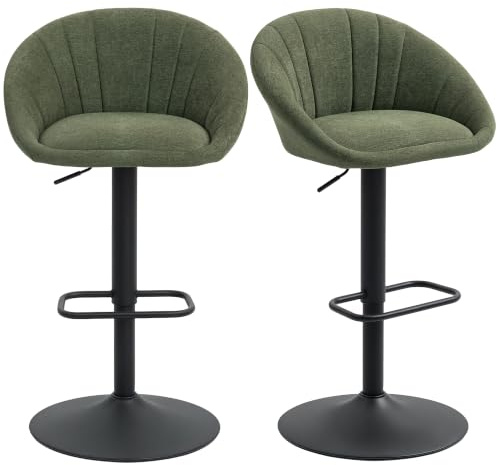 HOMCOM Bar Stools Set of 2 Swivel Upholstered with Footrest Dark Green | Breakfast Bar Stools, Tub Bar Chairs, with Back, Kitchen Island, Counter, Dining Room