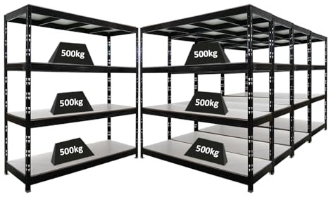 PROREGAL Mega Deal | 5X Profi Schwerlastregal Rhino | HxBxT 200x200x60cm | 4 Melamin-Ebenen 16mm | Fachlast 500kg | Schwarz | Garagenregal, Lagerregal, Steckregal, Weitspannregal