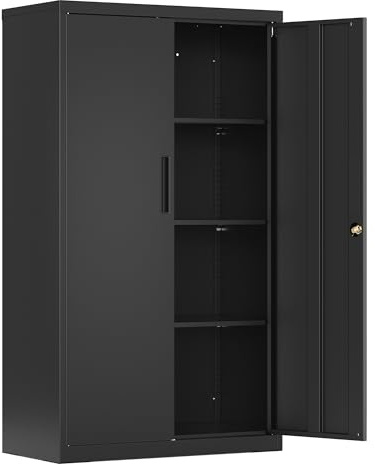 SONGMICS Armario Archivador, Armario Metálico, Mueble de Oficina con Cerradura, 2 Puertas, Acero, 80 x 40 x 140 cm, 3 Baldas Ajustables, Negro Mate OMC020BD01