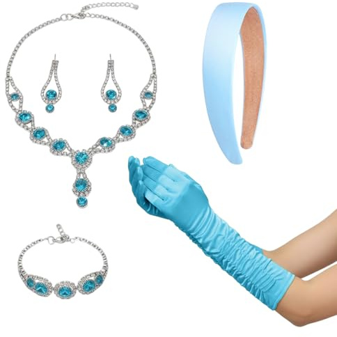 Zcbzbn Prinzessin Zubehör Set (Strass-Design) - Karneval Kostüm & Prinzessin Kostüm Damen, mit Prinzessinkrone, gelben/blauen Handschuhen & Halskette für Kostümthemenpartys