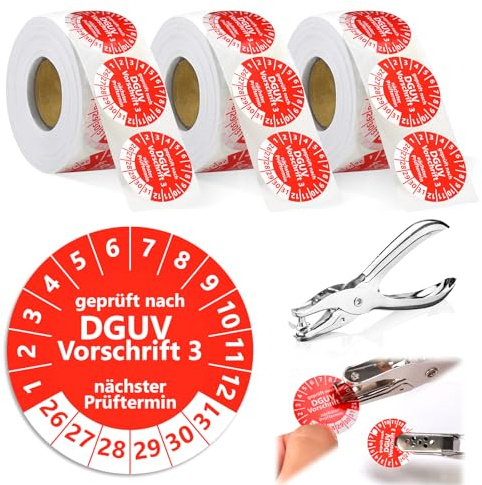 1650 Stück Prüfplaketten DGUV Vorschrift 3 30mm Prüfaufkleber 2026-2031 Nächster Prüftermin Aufkleber Auf Rolle Lochzange Papier Vinylfolie Plakette Selbstklebend für Elektrogeräte Kabel Rot