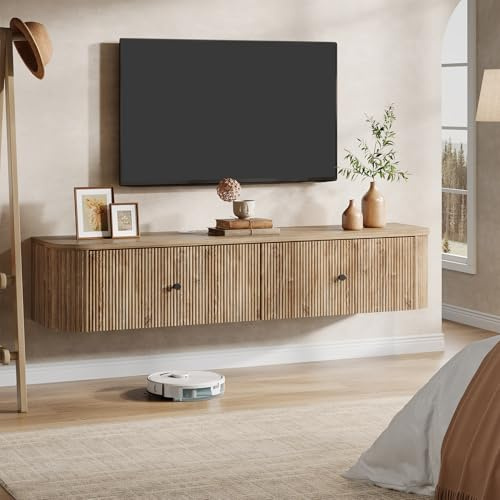 Tribesigns TV Schrank Hängend, 140 cm TV-Bank mit 2 geriffelten Schubladen, Modernes TV-Kommode für Fernseher bis zu 65 Zoll, für Wohnzimmer, Schlafzimmer, Eiche