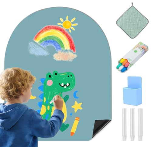 Magnetwand Kinder, Magnettafel Kinder Selbstklebend, Magnetfolie Kinderzimmer mit 6 Kreidestiften, 1 Reinigungstuch, 6 Kreidehaltern, 1 Aufbewahrungsbox, Magnetische Zeichentafel (Gewölbt Cyan)