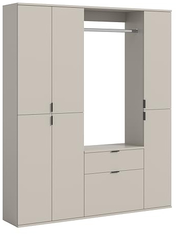 xonox.home – 3 tlg. Garderobenkombination Projekt X 152x193x34 cm in Kaschmir Melamin – Set mit breitem Hochschrank, schmaler Kommode & Wandboard – Ohne Spiegel für ein klares, minimalistisches Design