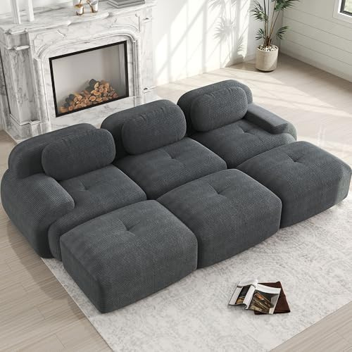 NuvlaGu Modulares 3-Sitzer Sofa mit 3 Hockern, Rahmenlos aus Cord, 32D Hochelastikschaum, montagefrei, extra breite Armlehnen, haustierfreundlich, Wohnlandschaft für Wohnzimmer & Heimkino, Grau