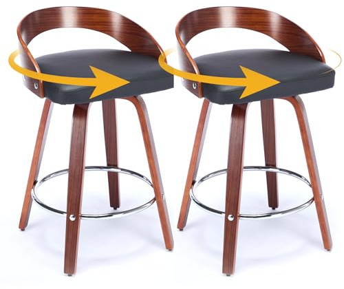 Drehbarer Barhocker 2er Set Polsterhocker mit PU Leder Sitzfläche, Holz niedrige Rückenlehne, Holzbeine mit Filzgleitern, Metall-Fußring, Retro Industriestil Barstuhl Set für Küche und Bar (Schwarz)