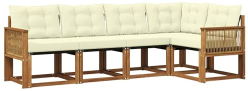 vidaXL Outdoor-Sofagarnitur mit Kissen 5 pcs Natur und Creme, Moderne Garten-Sofaset, wetterfestes Möbel, Bequeme Liege, stilvolles Outdoor-Sitzen für Entspannung