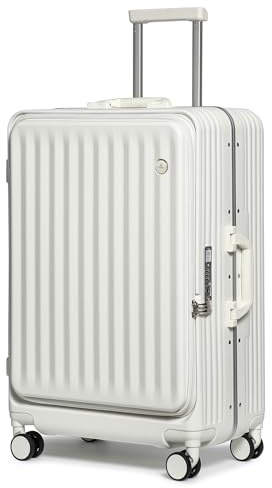 Somago Valise légère avec porte-gobelet et port USB, cadre en aluminium, valise rigide en polycarbonate avec serrure TSA, blanc cassé, 24 Inch Checked Luggage, Bagage à main de 50,8 cm, cadre en
