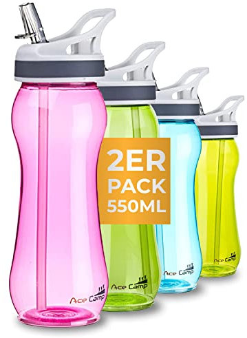 AceCamp Tritan 155349 Trinkflasche 2 Sportflaschen Auslaufsicher BPA-frei mit Trinkstrohhalm 550 ml Rosa
