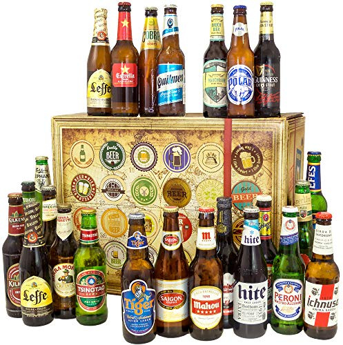 Bierbox 24x Bier aus aller Welt - Bier Geschenkset für Männer & Freunde | Internationales Probierpaket mit 24 Bieren, 104-seitigem Bierbuch, 6 Geschenkkarten und personalisierbaren Urkunden