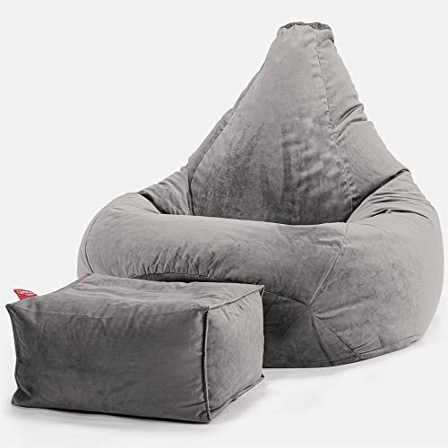 Lounge Pug, Gaming Sitzsack Sessel mit Hocker, Samt Silber