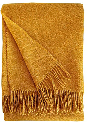 cawa Plaids&Co Wolldecke 100% Reine Wolle mit Fransen 140x200cm (Cognac Gelb), Decke Wolle, Wohndecke, Kuscheldecke, Tagesdecke, Sofadecke