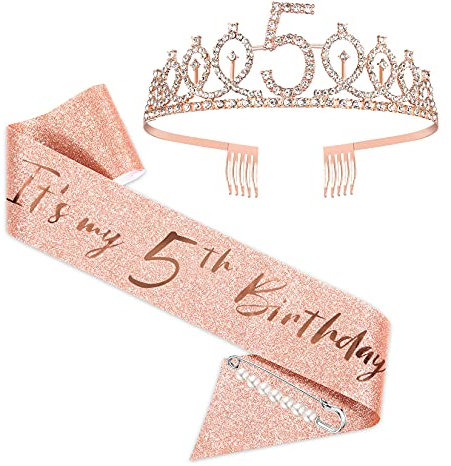 5. Geburtstagsschärpe und Tiara für Mädchen, Rose Gold Geburtstagsschärpe Crown 5 & Fabulous Schärpe und Tiara für Mädchen, 5. Geburtstagsgeschenke für alles Gute zum 5. Geburtstagsgeschenk