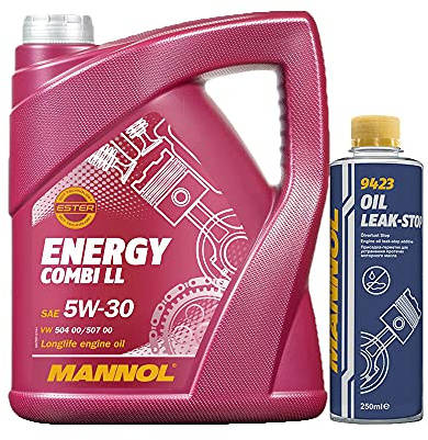 MANNOL 5l, 7907 Energy Combi LL 5W-30 Longlife III + Oil Leak-Stop Öl Verlust Zusatz 250ml