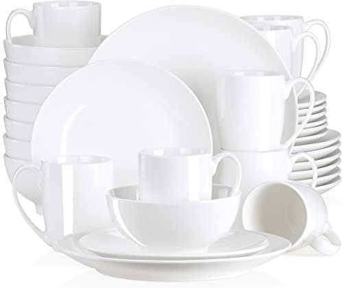 LOVECASA-Sweet Vajilla de Porcelana de 32 piezas, Juego de Vajilla para 8 Personas, Cada Una con 8 Cuencos, 8 Tazas, 8 Platos de Postre y 8 Platos de Cena, Blanco