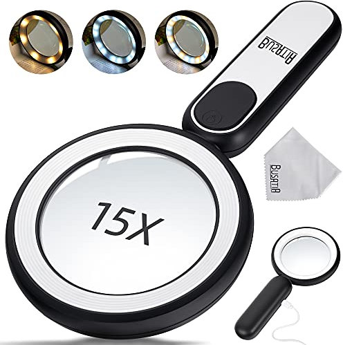 BUSATIA Wiederaufladbare Lupe 15X mit 21 LEDs, Beleuchtete Handlupe mit 3 Lichtmodi, 115 mm Leichtes Großes USB-Aufladbare Leselupe Vergrößerungsglas zum Lesen mit Linsentuch