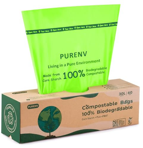 PURENV 60 Biomüllbeutel für Kompostbehälter, 30L Biologisch Abbaubare Müllsäcke, Robuste Auslaufsichere, aus Maisstärke Hergestellte Müllbeutel (6L/10L/20L/30L) mit EN13432 Zertifizierung