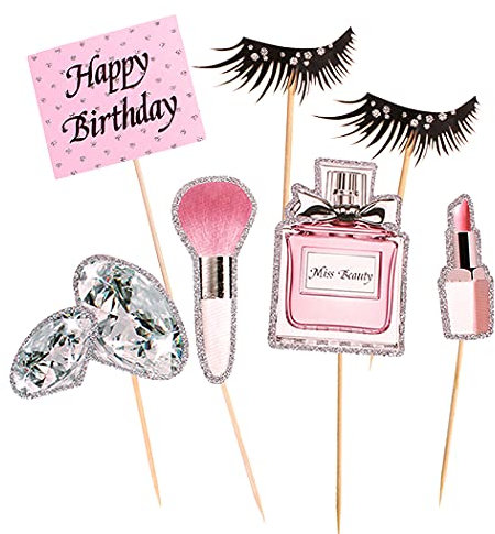 Aabellay 28 Stück Tortendeko Geburtstag Glitter Makeup Cupcake Toppers Kosmetik Cupcake Picks Lippenstift Parfüm Pinsel Kuchen Topper Wimpern Diomand Kuchen Dekoration Happy Birthday Kuchenaufsatz