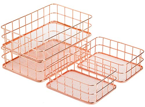 Hacaroa 4 Stück rotgoldener Drahtgitterkorb, Metall-Schreibtisch-Schubladen-Organizer, Schreibtisch-Halter für Kosmetik, Schreibwaren, Zeitschriften, Obst-Snacks, Zuhause, Schule, Büro, 2 Größen