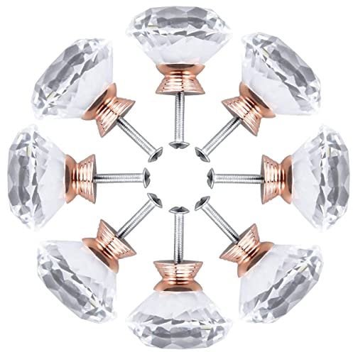 Furniture Cabinet Buttons, 8pcs 40mm Rose Gold Diamond Crystal Glass Door Knobs with Alloy Screw, Dresser Buttons, Drawer Buttons, Pull Handle for Home Decorating Kitchen Office Wardrobe