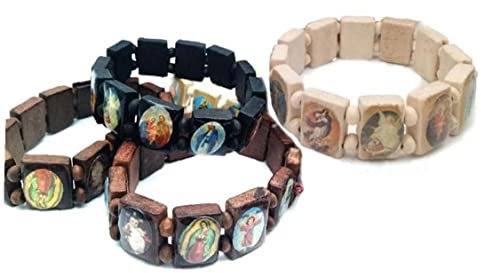 Ericetion 4 Stücke Holz Saints Symbol Katholische Armband St Jesus Mary Alle Heiligen Religiöse Symbole Stretch Armbänder Geschenk