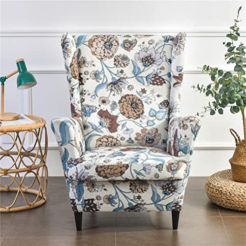 Highdi 2-Teilig Ohrensessel Überzug, Sessel-Überwürfe Ohrensessel Luxuriös Barock Drucken Schonbezüge Bezug Sesselhusse Strandmon Tiger Stuhlbezug mit Armlehne Hohe Rückenlehne (Blaue Blätter)