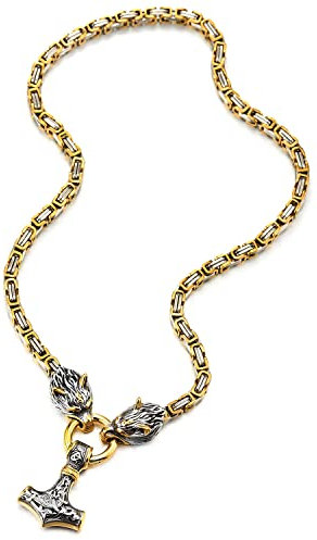 COOLSTEELANDBEYOND Goldfarben Byzantinische Kette Halskette Wolfskopf Ring Thors Hammer Irisch Keltischer Knoten, Edelstahl Hip Hop Collier