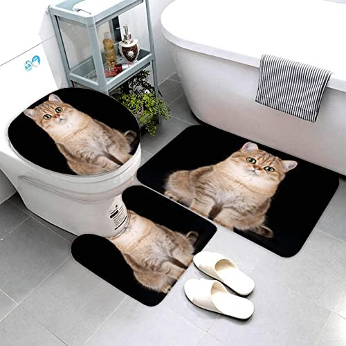 AOLIGL Badematte Englische Katze Schwarzes Tier Badematten Set rutschfest Waschbar Badgarnitur 3teilig - WC Deckelbezug U-förmigen Contour Badezimmerteppich Matte Flauschige Mikrofaser