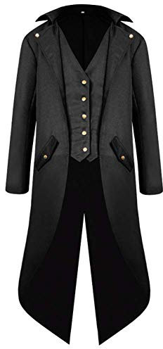 Herren Gothic Steampunk Frack Mantel Männer Mittelalter Viktorianischen Vintage Jacke mit Waistcoat Uniform Lange Smoking Karneval Fasching Halloween Kostüm Party Cosplay Verkleidung Schwarz 2XL