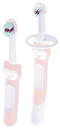 MAM Learn to Brush Set, Baby Zahnbürste mit langem Griff zum gemeinsamen Halten, Kinderzahnbürste trainiert das Zähneputzen, ab 5+ Monate, rosa